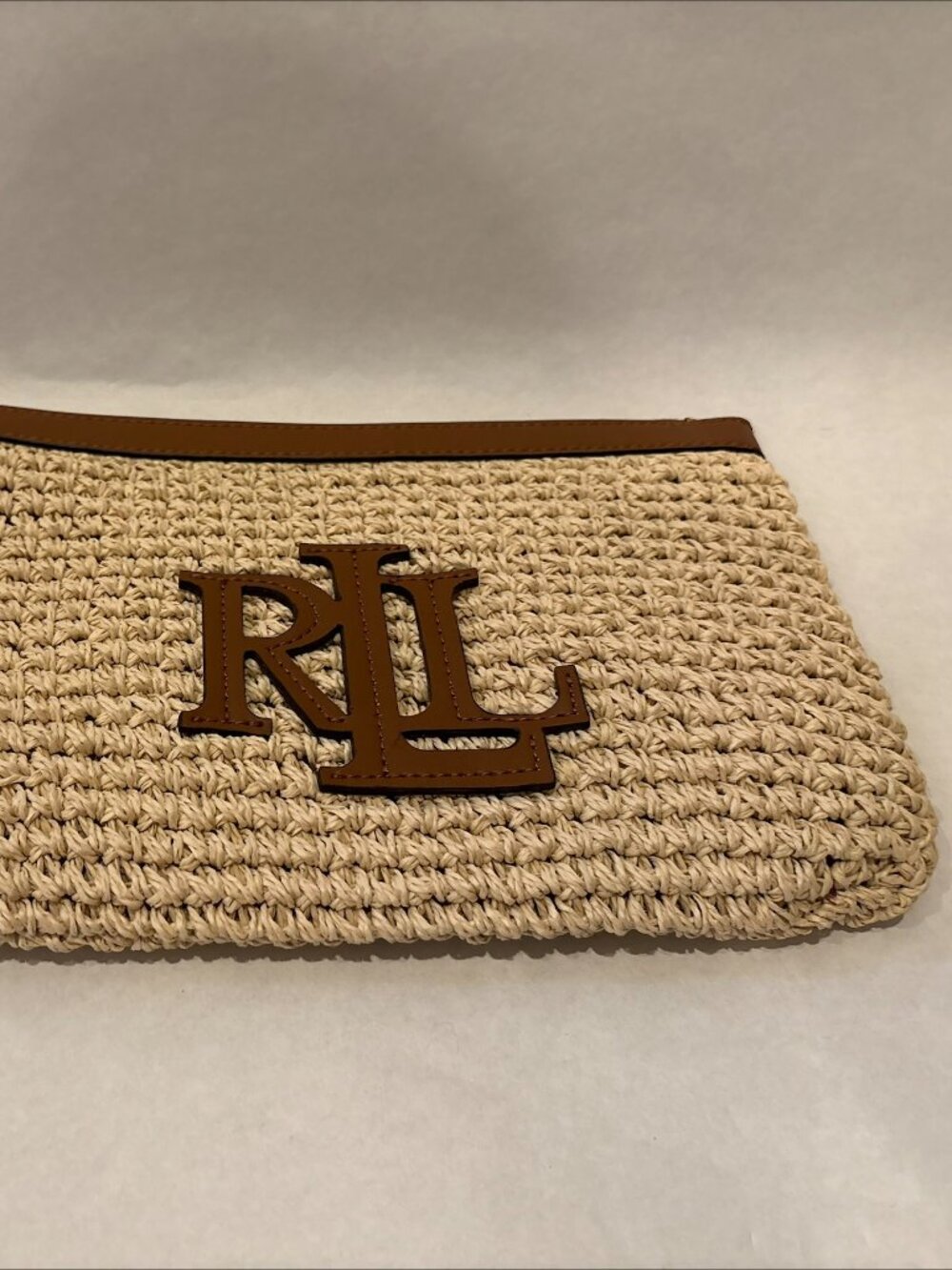 NWT Authentic Lauren Ralph Lauren Cognac Brown Leather and Woven Clutch Purse - Picture 2 of 6